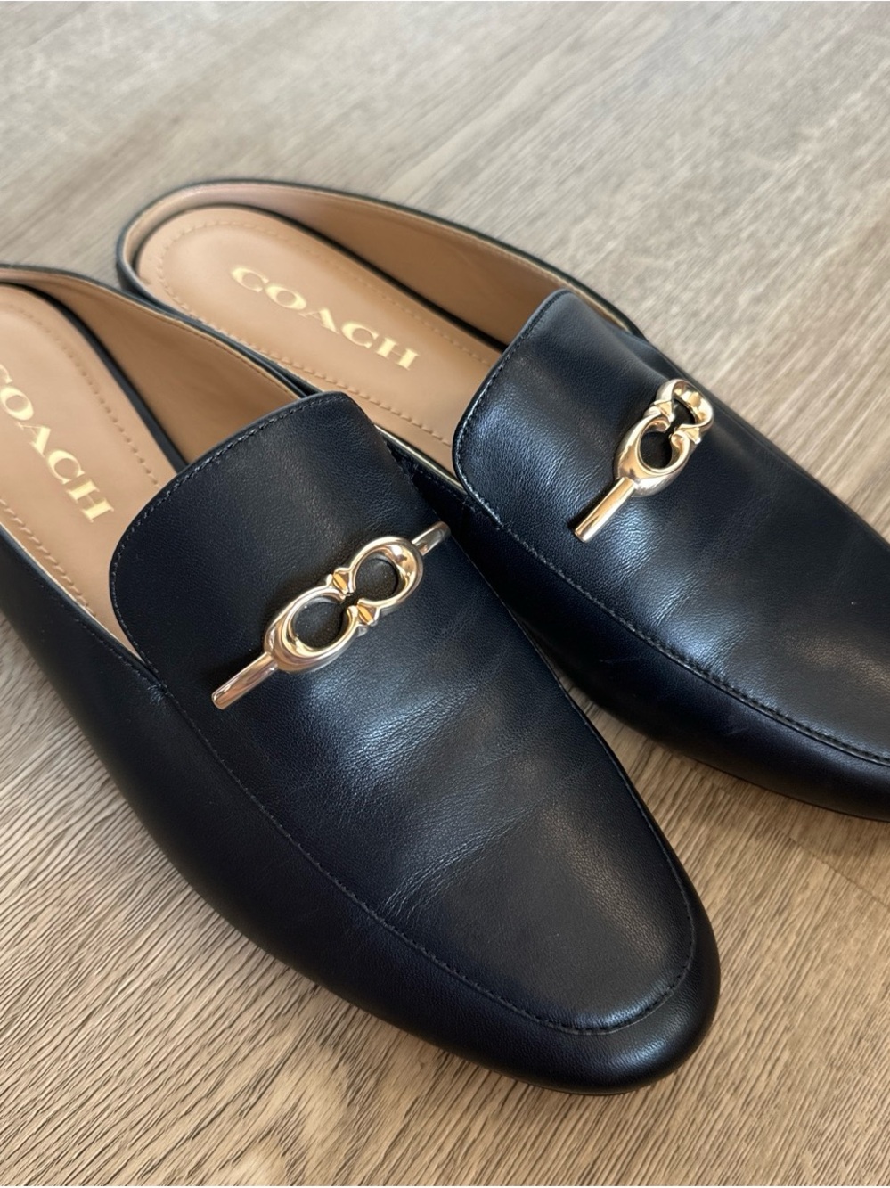 COACH Black Leather Loafer with Gold Hardware